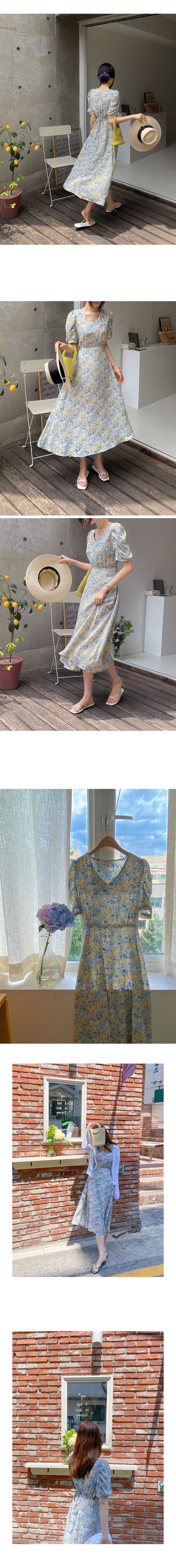 韓國女裝代購 - 水彩花印V領縮腰連身洋裝-藍 (FREE)