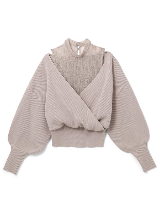 日本 GRL - 蕾絲緹花羅紋泡泡袖針織上衣-淺灰杏
