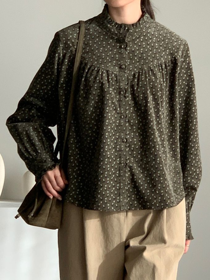 韓國女裝連線 - 滿版小花朵燈芯絨長袖襯衫-軍綠 (FREE)