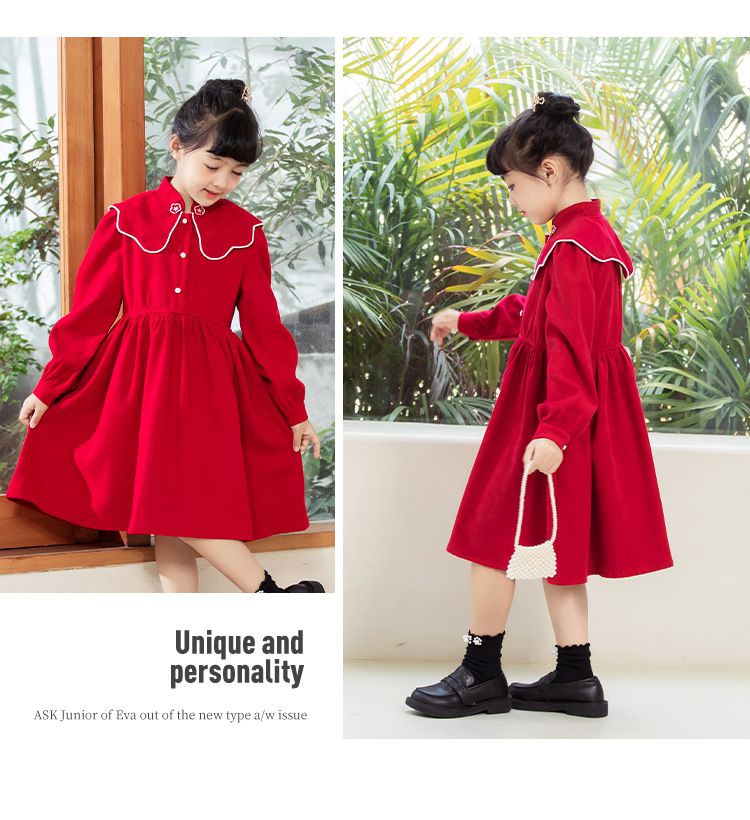 娃娃領燈芯絨長袖洋裝-卡其色