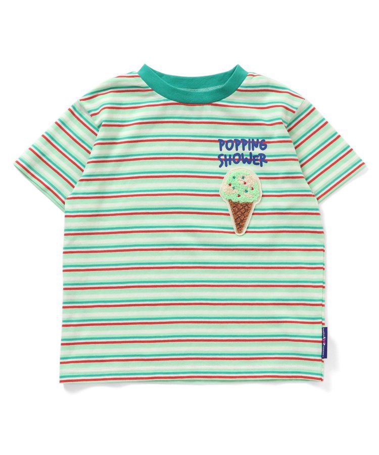 日本 BREEZE - 31冰淇淋聯名 條紋短袖上衣-甜筒刺繡-黑白