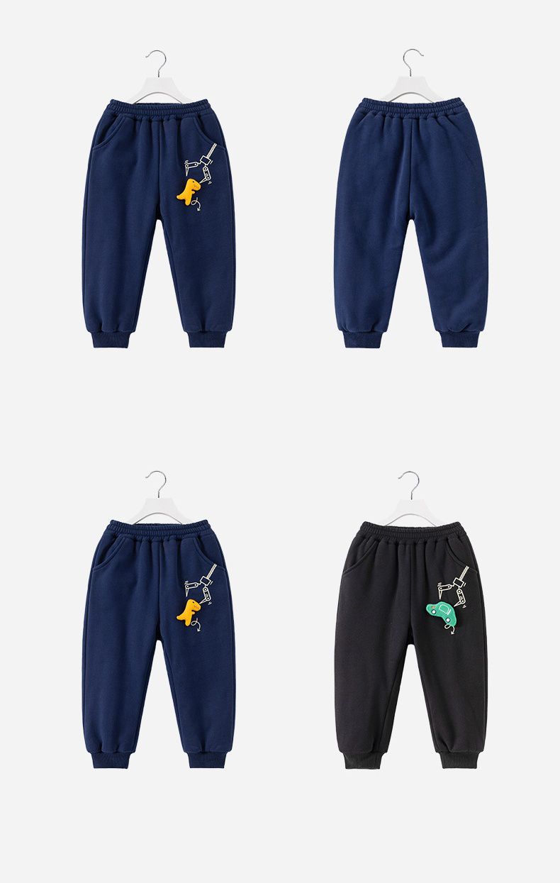 加絨腰鬆緊休閒保暖束口長褲-夾娃娃機恐龍-深藍色