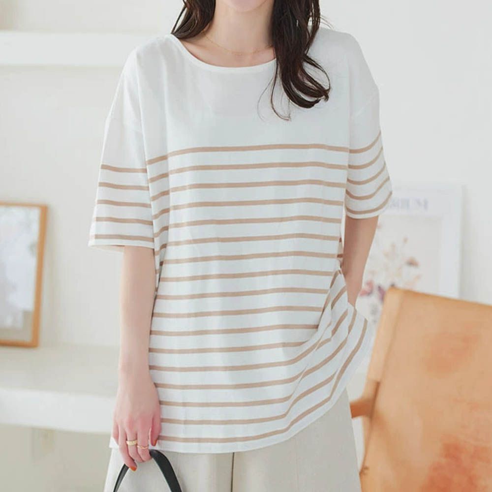100%棉船領優雅條紋短袖上衣-白x卡其線條