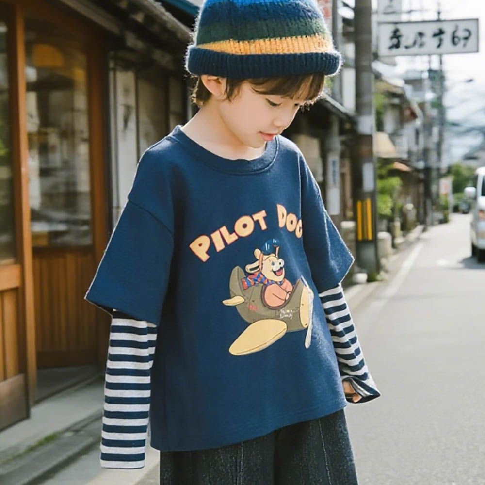圓領假兩件長袖上衣-狗狗飛行員-藏青