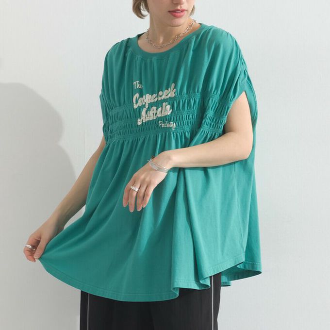 日本 le colis - 清爽天竺棉落肩皺摺短袖上衣-寶石綠