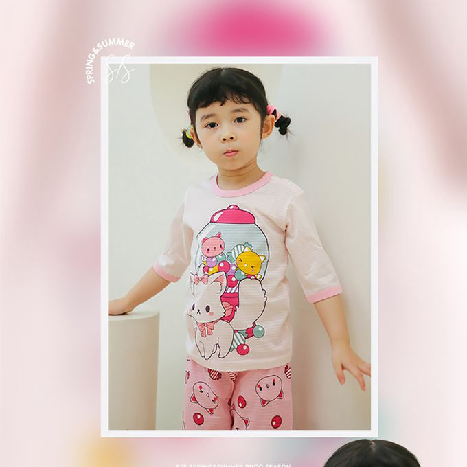 正韓 Puco - 超優質嬰幼兒/兒童七分袖100% 有機純棉家居服/睡衣-泡泡糖貓