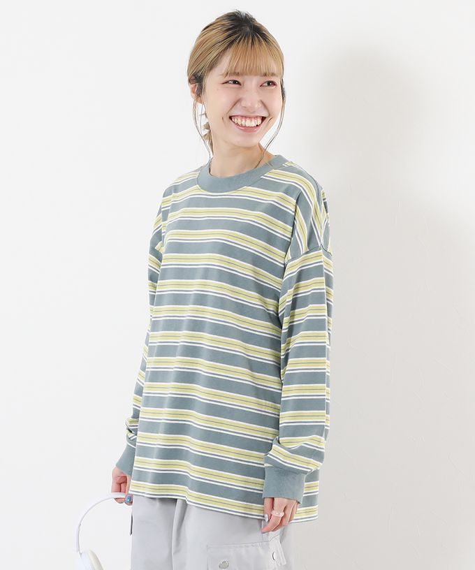 日本 devirock - [大人]100%棉 百搭條紋長袖上衣-藍x橘紅