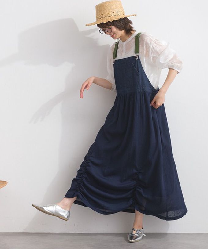 日本 Lupilien - 拼接風抽繩飄逸薄牛仔吊帶洋裝-藍灰系