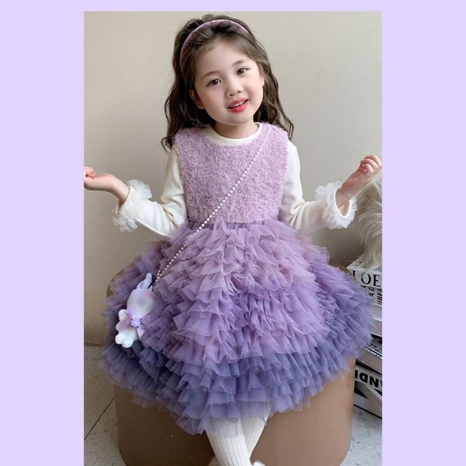 新年生日甜美漸層馬卡龍紫蛋糕網紗長袖洋裝