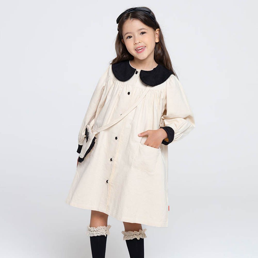 (附包包)質感燈芯絨長袖連身洋裝-象牙白