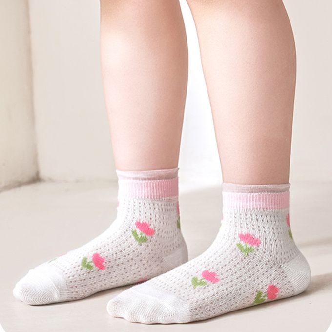 love, charlotte - 粉紅花朵兔兔網眼短筒棉襪 (XL (腳長19-21cm))-5 雙一組