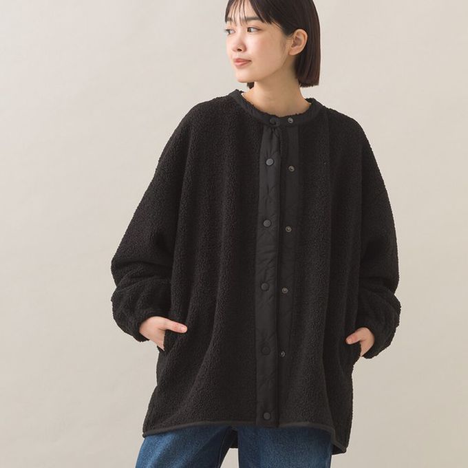日本 OMNES - 溫柔短毛絨鈕扣無領保暖外套-黑