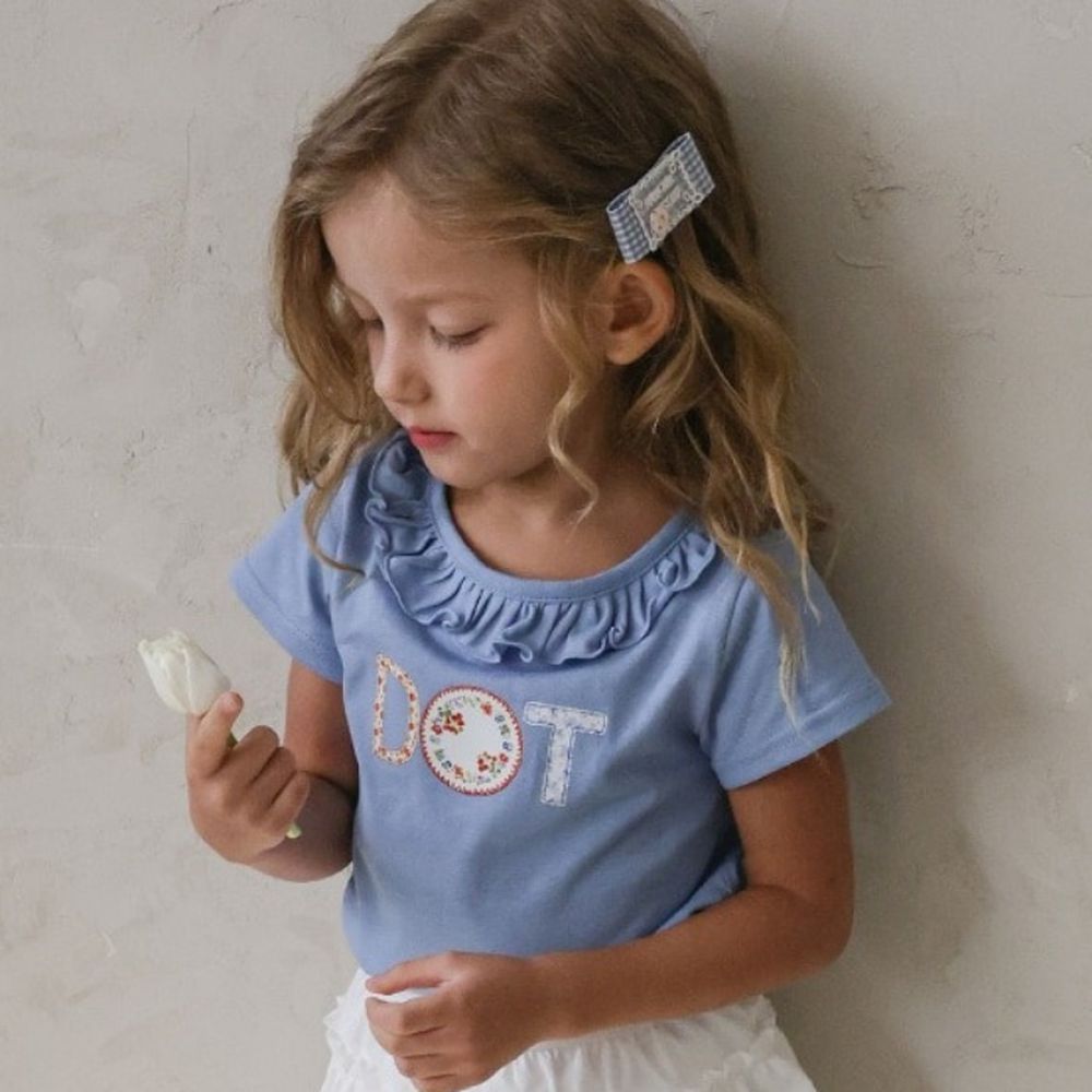 Puellaflo DOT小花印荷葉領純棉短袖上衣-藍