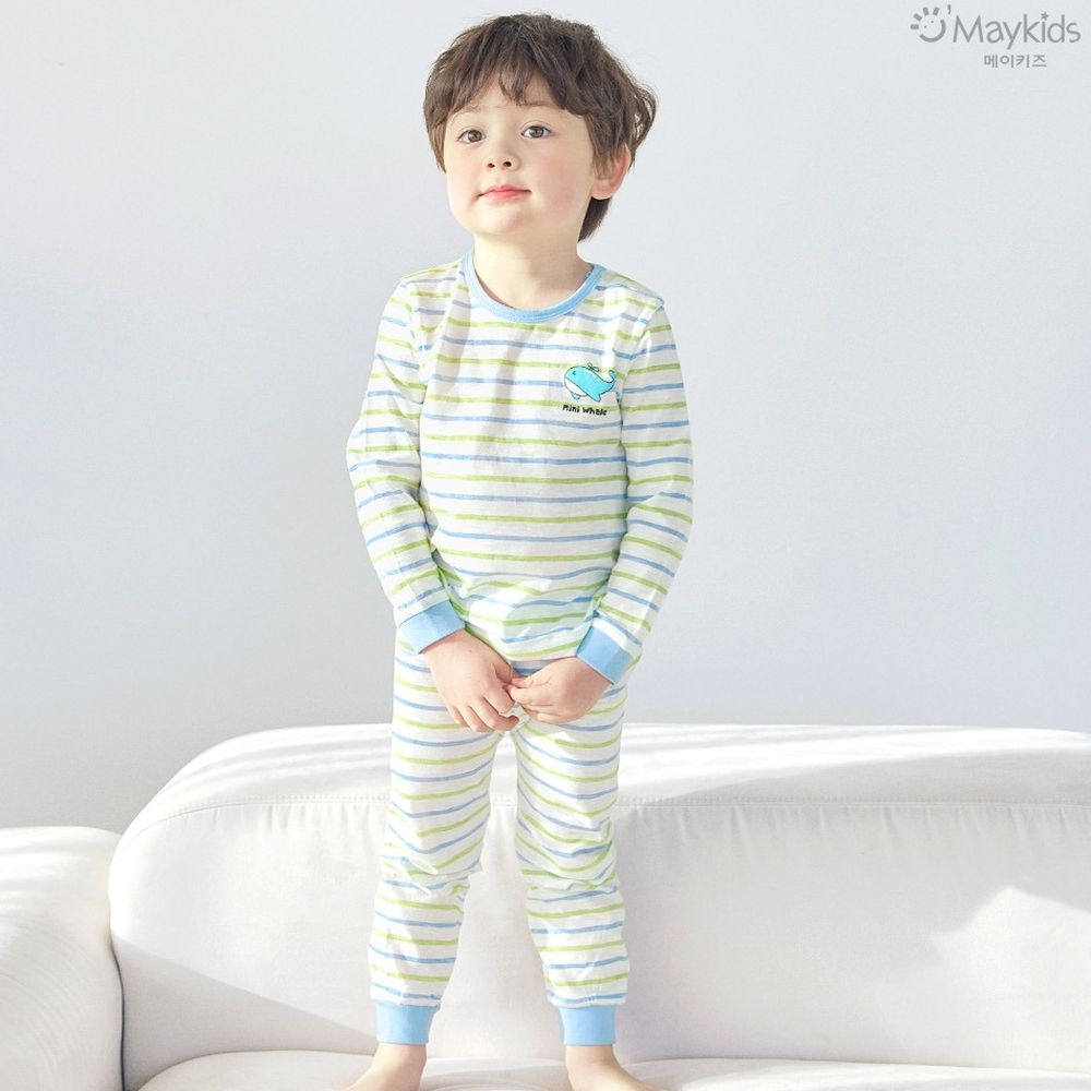 輕薄細柔棉長袖家居服-條紋鯨魚-藍X綠