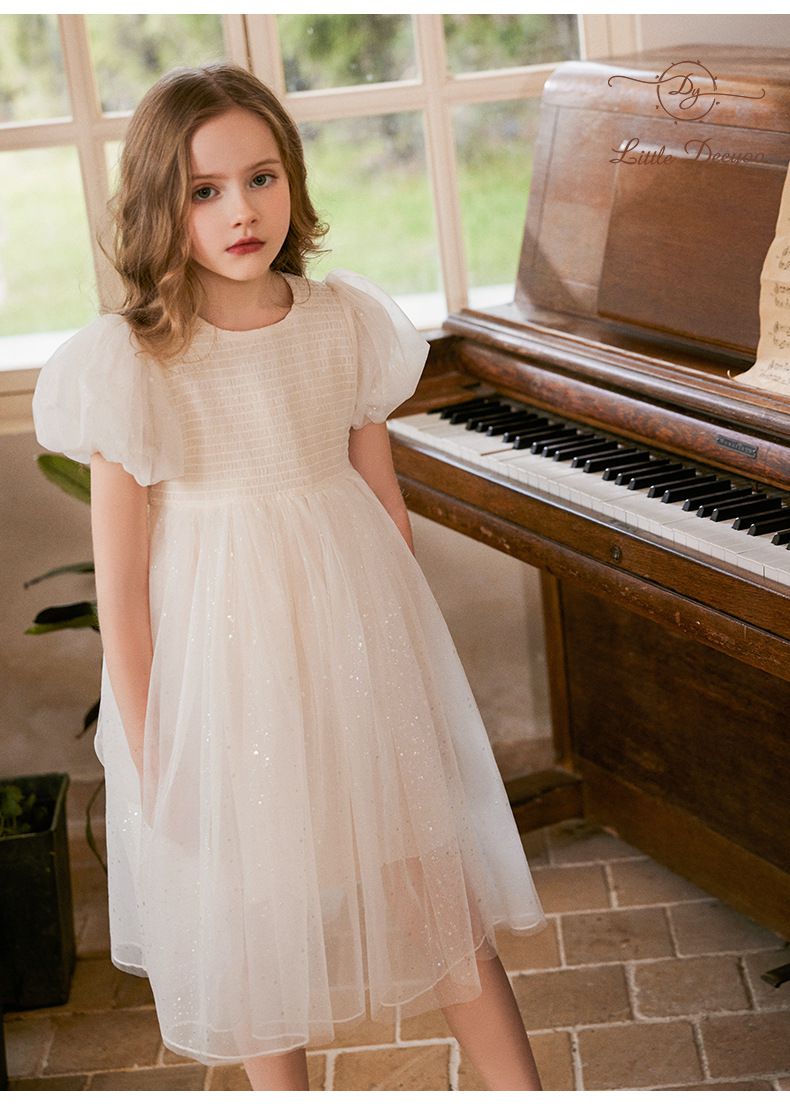 Little Deeyoo - 小仙女花苞袖亮片網紗連身洋裝-米杏色