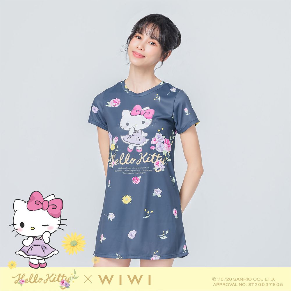 WIWI - 長版-群花Hello Kitty防曬排汗涼感衣-女-湛海藍