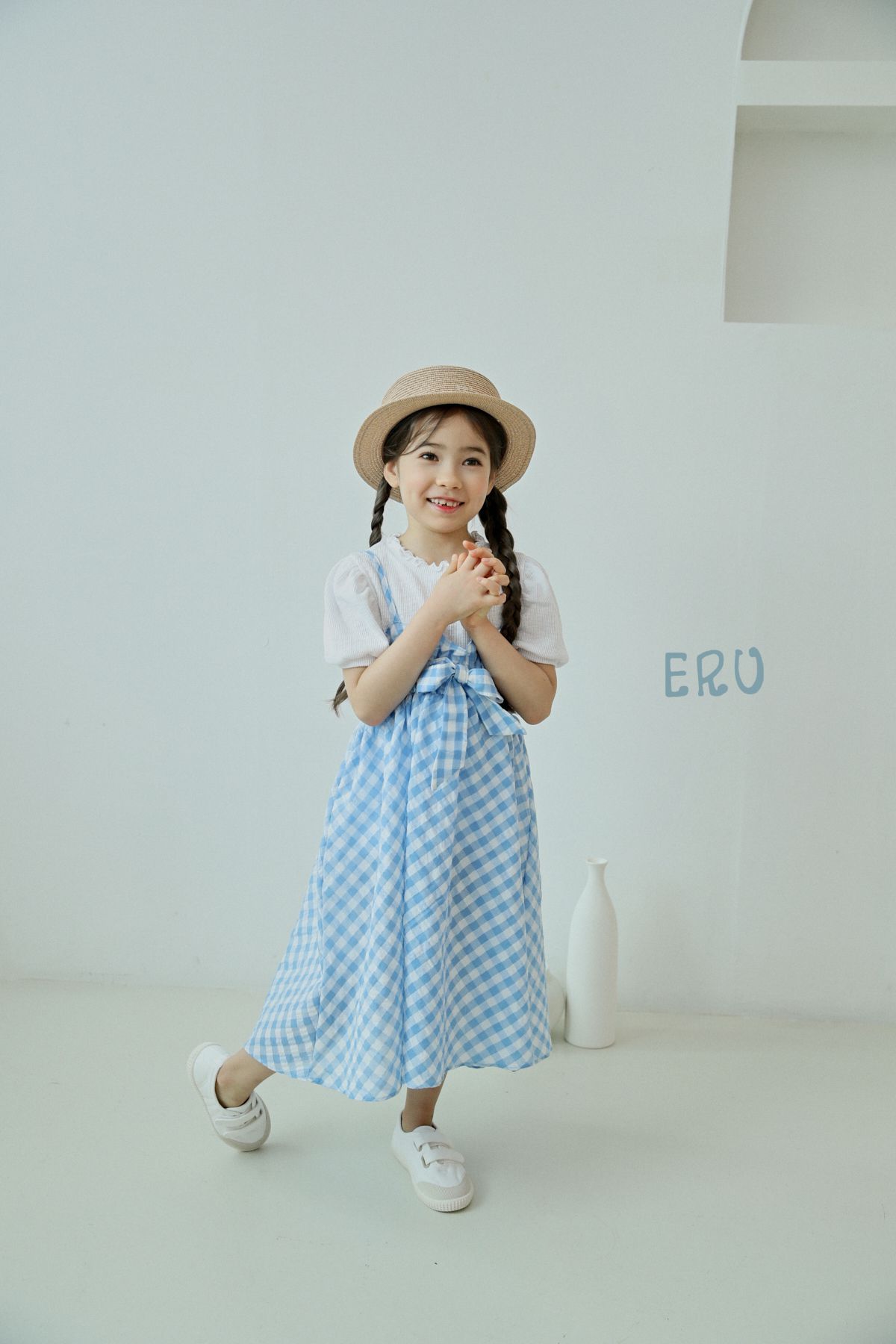 韓國 ERU - 胸前蝴蝶結格子吊帶裙-藍