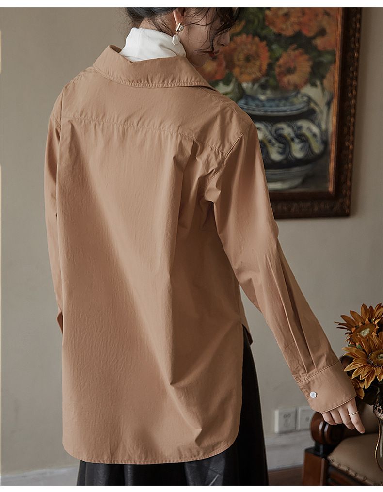 時尚寬鬆貼口袋長袖襯衫-白色