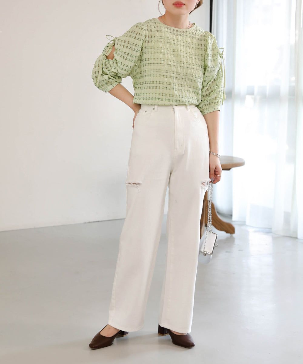 日本 Bab - 甜美格紋抽繩澎澎袖上衣-米杏