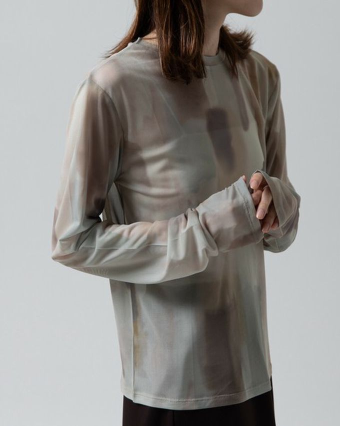 日本 gleam - 水彩畫風透膚休閒長袖上衣-米杏x卡其灰系