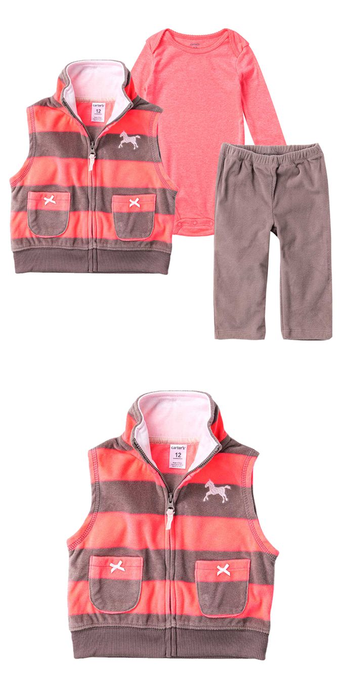 美國 Carter's - 小馬刺繡條紋刷毛背心+長袖包屁衣+長褲3件組
