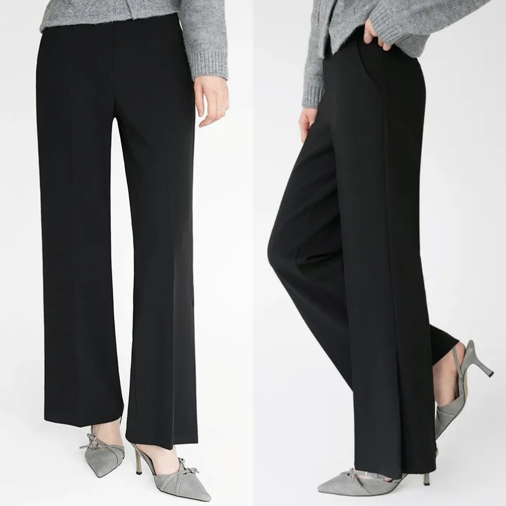 Domingoblue 後鬆緊腰職感美型寬鬆抓褶喇叭褲-黑