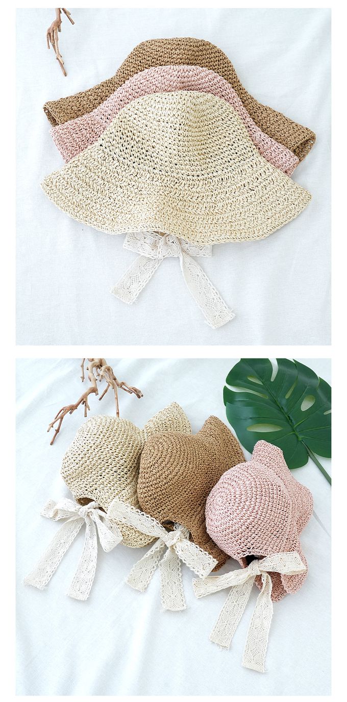 韓國 Soo&Soo - 蕾絲緞帶裝飾編織遮陽帽-奶茶咖