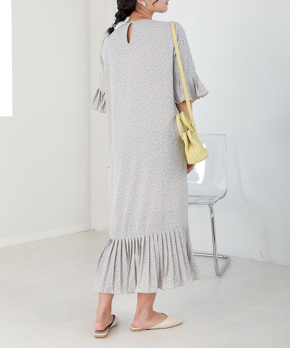 日本 Bab - 圓領碎花糖果袖洋裝-奶油白