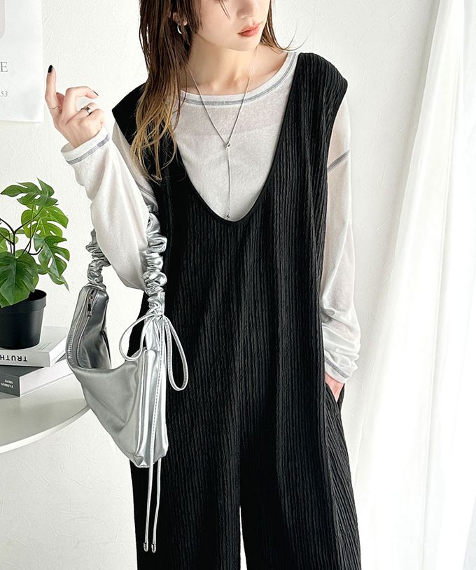 日本 Classical Elf - 前後2way領魅力緹花柔軟連身褲-淺灰杏