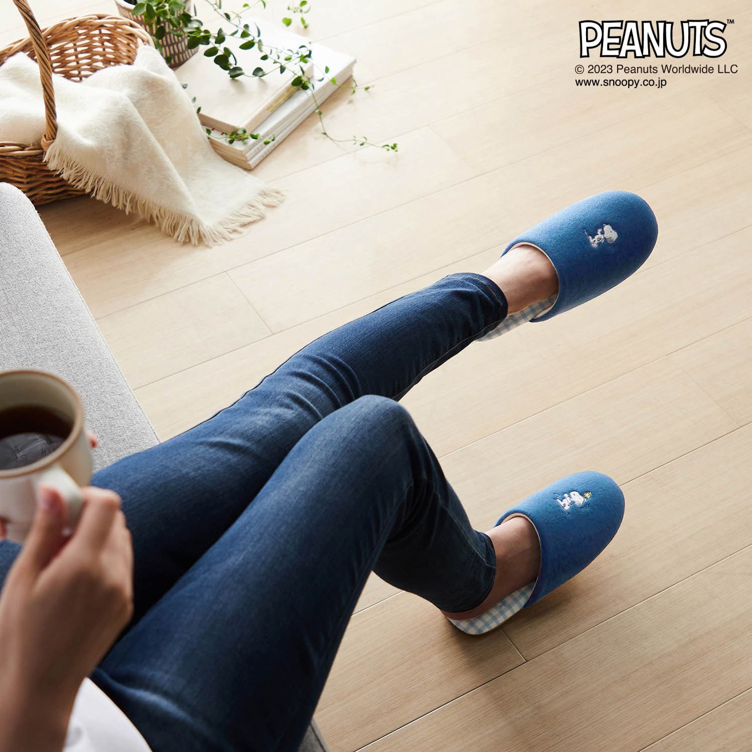 日本千趣會 - 史努比 刺繡圖案室內拖鞋-藍色格紋 (M(22-24cm))