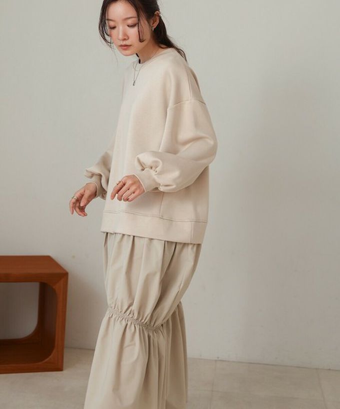 日本 Bab - 柔美造型皺摺拼接長袖洋裝-淺杏