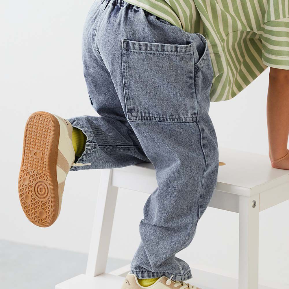 復古刷色厚磅大口袋錐形丹寧褲-淺灰藍