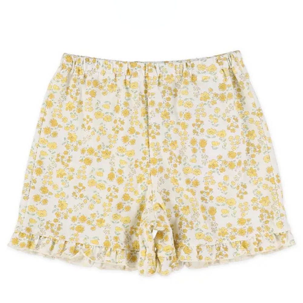 可愛荷葉邊碎花短褲-黃