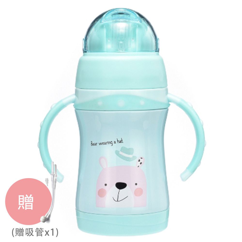 BABY TALK - 可愛動物不鏽鋼2用水杯兒童水壺-熊大哥-湖水綠 260ml-獨家贈替換吸管*1