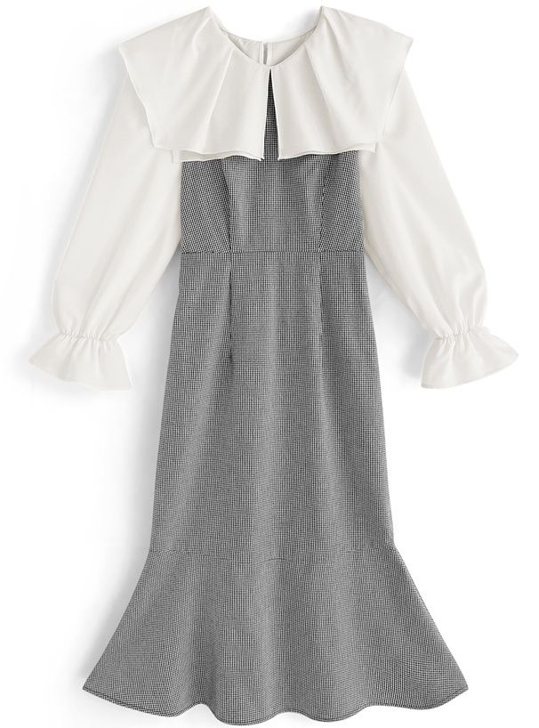 日本 GRL - 聯名款 雪紡荷葉領拼接格紋洋裝-黑