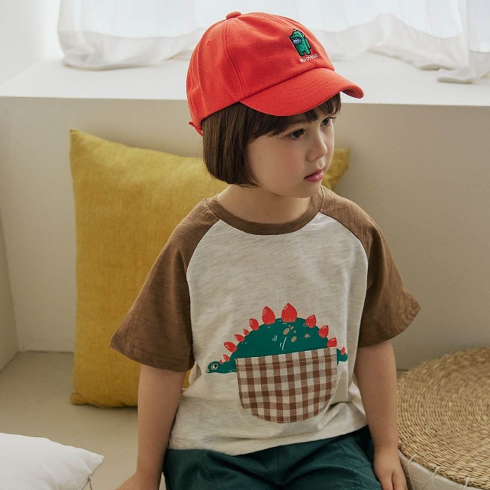 劍龍格紋口袋短袖上衣-咖啡