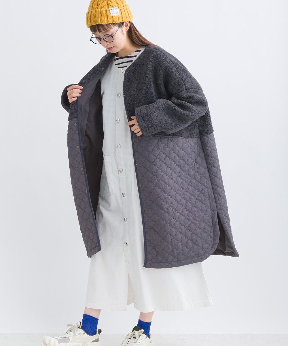 日本女裝代購 - 毛茸雲朵絎縫拼接長版鋪棉外套-軍綠