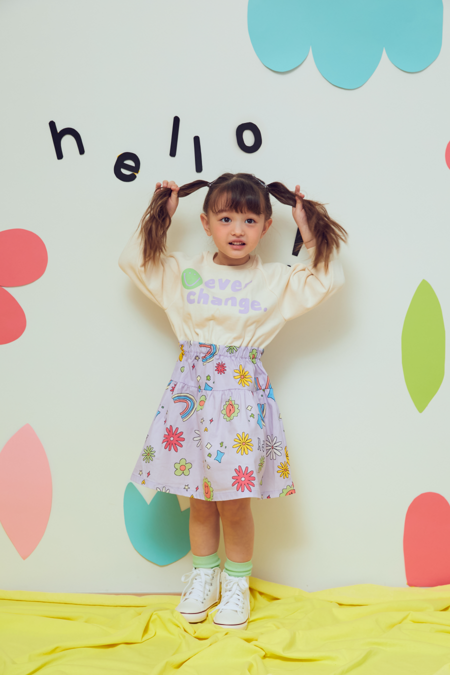 韓國 MINIATURE - 彩虹雛菊拼接縮腰洋裝-奶油白