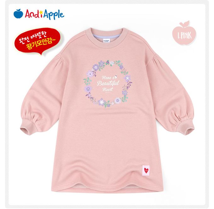 韓國 AndiApple - 甜心花圈印內刷毛連身洋裝-粉