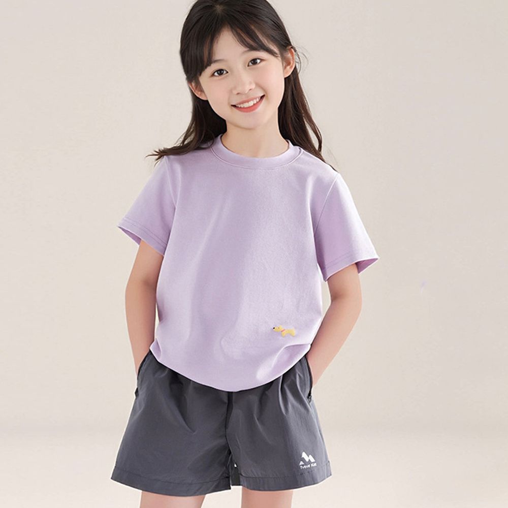 軟綿綿百搭短袖上衣/T恤-小狗印花-紫色