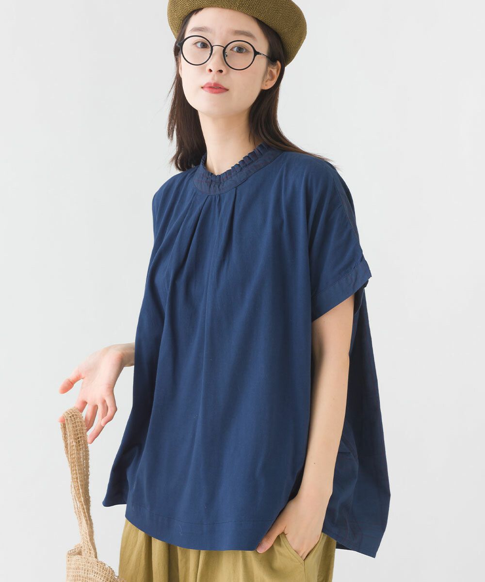 日本女裝代購 - 100%印度棉格紋拼接短袖上衣-深藍