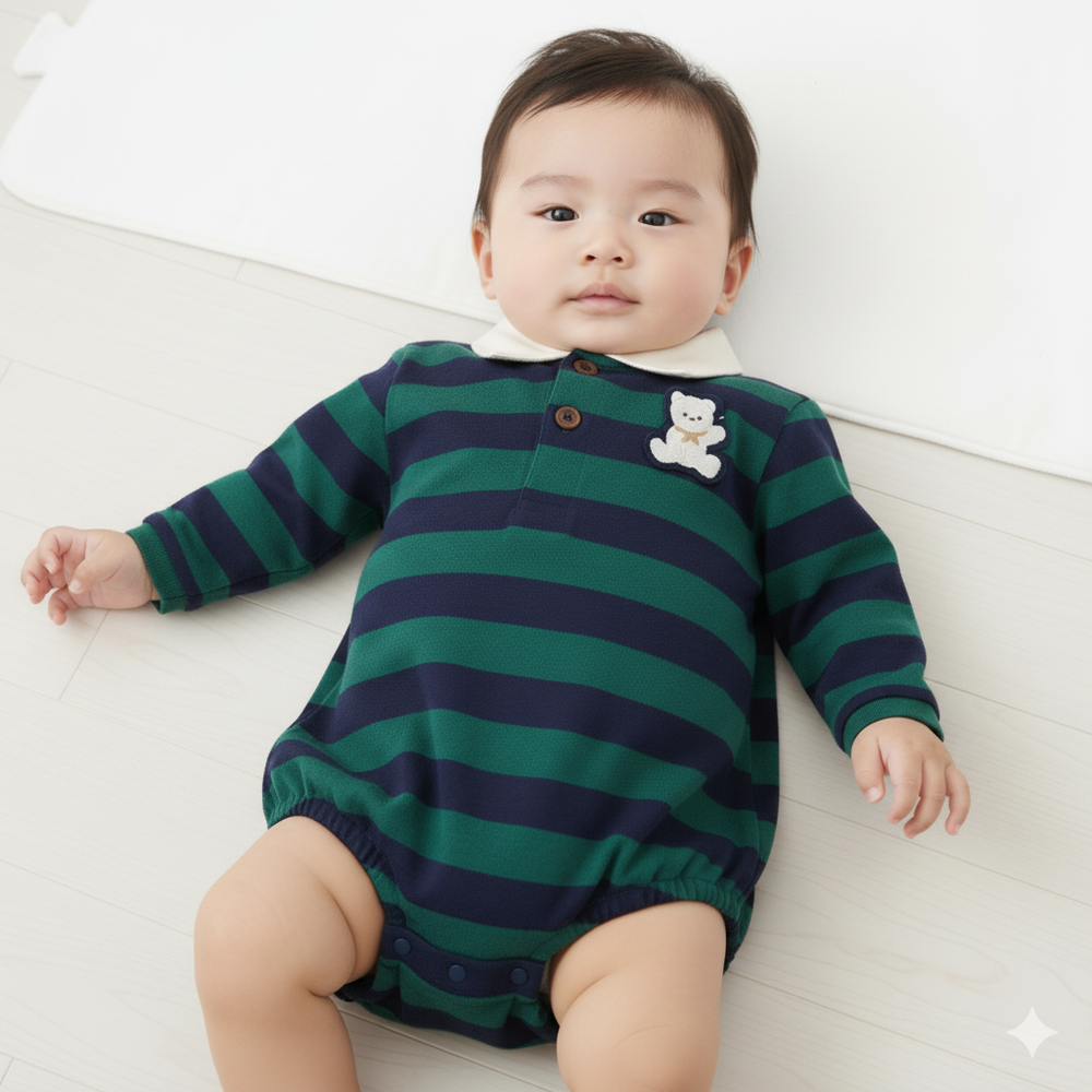 長袖有領外出包屁衣-橫紋-綠色