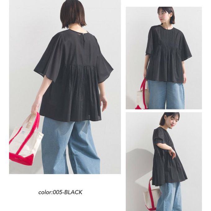 日本 OMNES - 純棉巴里紗柔美皺摺寬袖上衣-灰棕