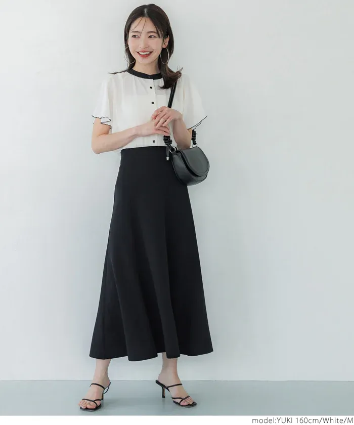 日本 COCA - 簡約撞色雪紡荷葉短袖襯衫-白