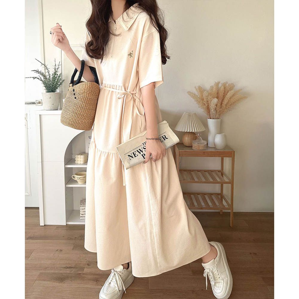 簡約logo運動風半拉鏈短袖洋裝-象牙