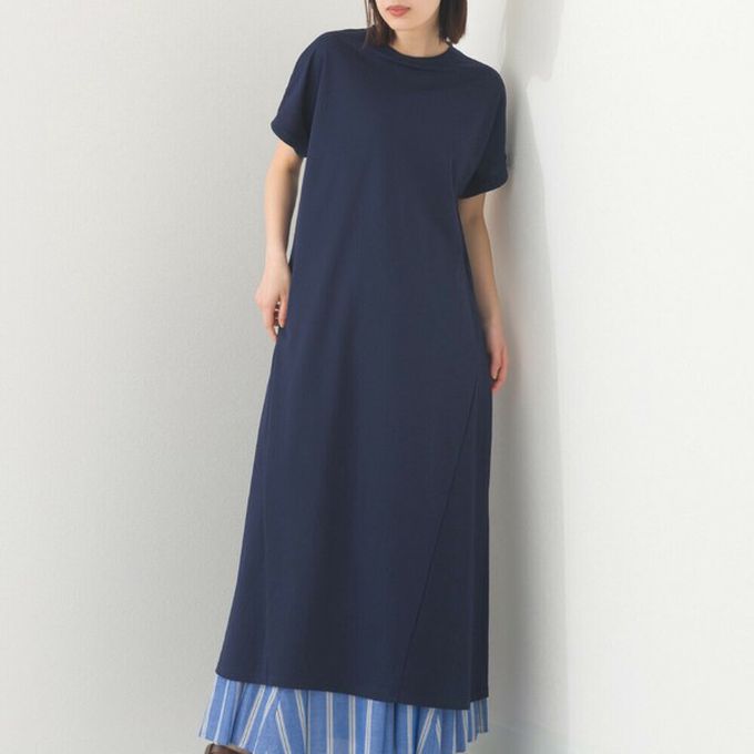 日本 OMNES - 接觸涼感 嫘縈圓領傘狀短袖洋裝-海軍藍