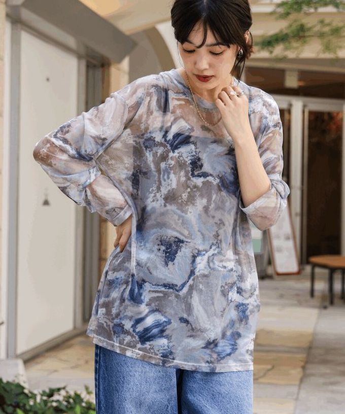 日本 Bab - 雲彩風格透膚美型長袖上衣-灰綠