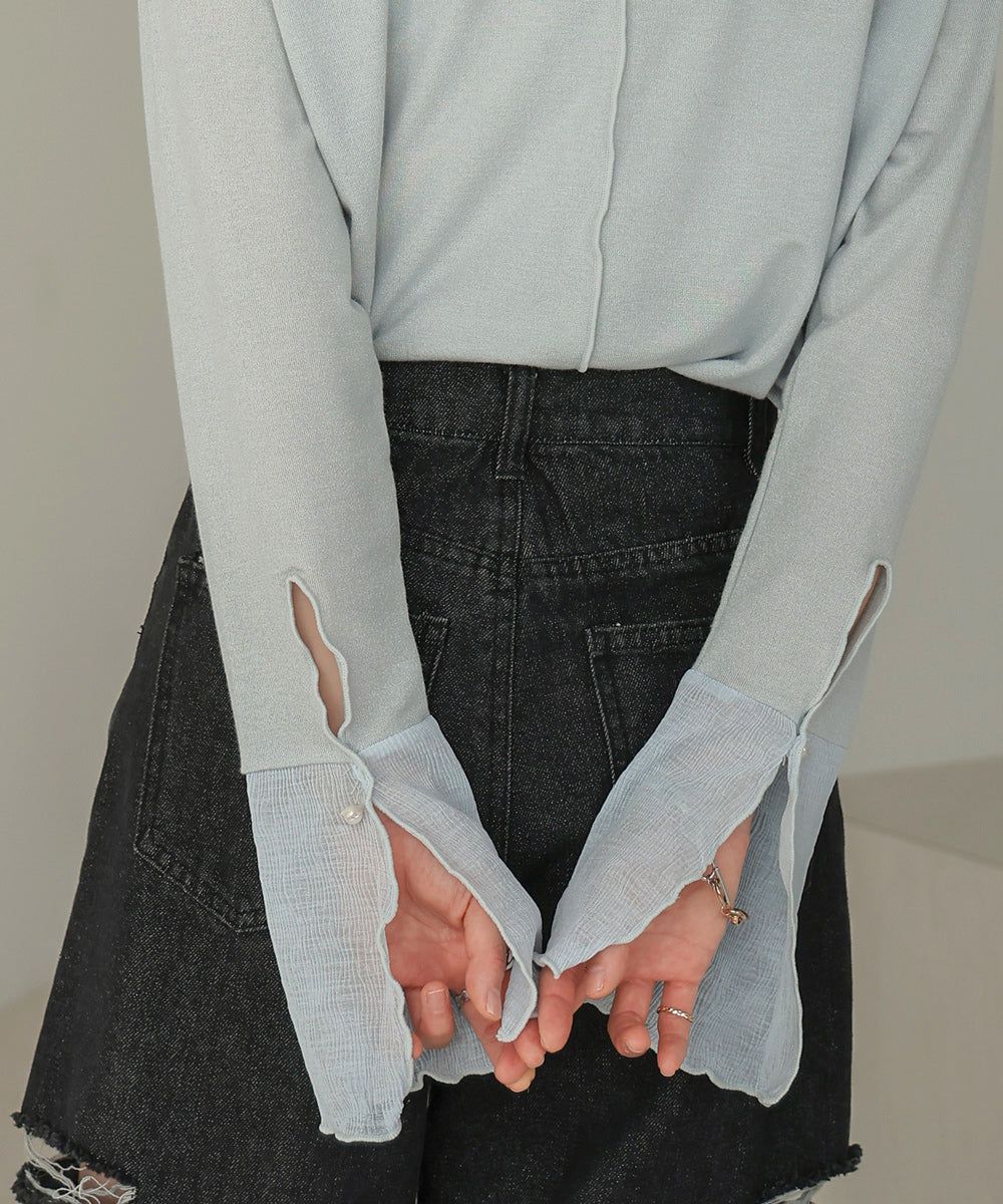 日本 Bab - 楊柳拼接珍珠薄長袖上衣-米杏