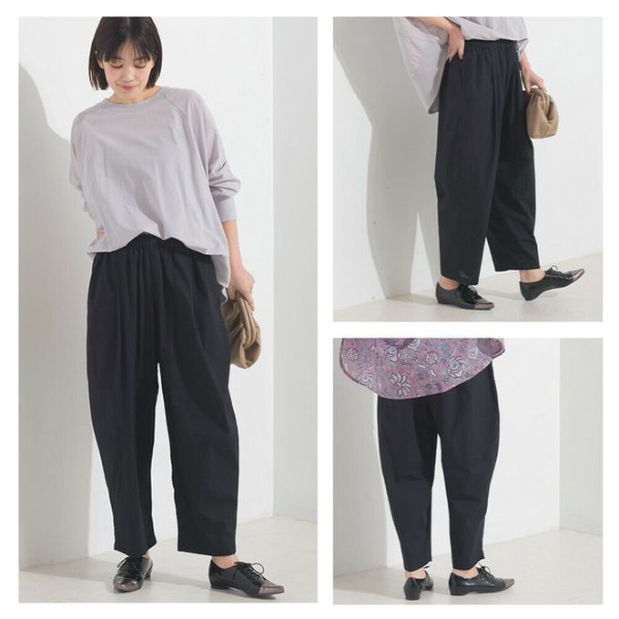 日本 OMNES - 100%棉 皺褶感休閒寬褲-摩卡