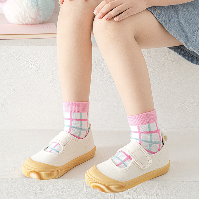 love, charlotte - 粉色小熊格子愛心網眼短筒棉襪-5 雙一組